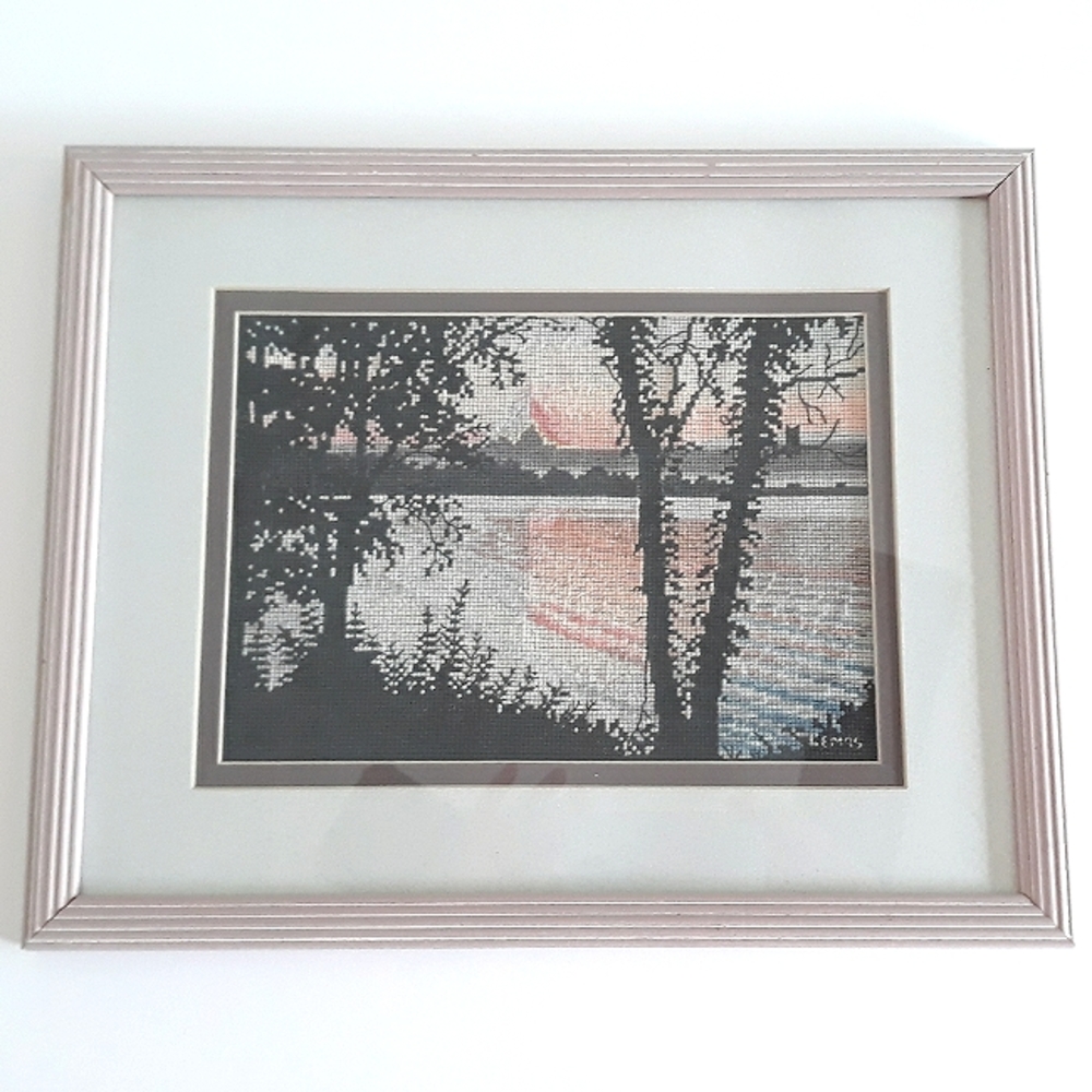*1995 Scenic Lake Landscape Framed Needlepoint